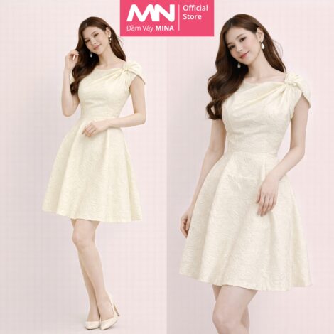 Đầm dự tiệc MINA thiết kế dáng ngắn chất Gấm  Hoa Hồng xinh đẹp màu trắng kem- MN189