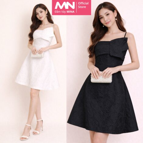 Đầm dự tiệc thiết kế hai dây dáng xoè chất liệu Gấm Xốp 3D - MN211
