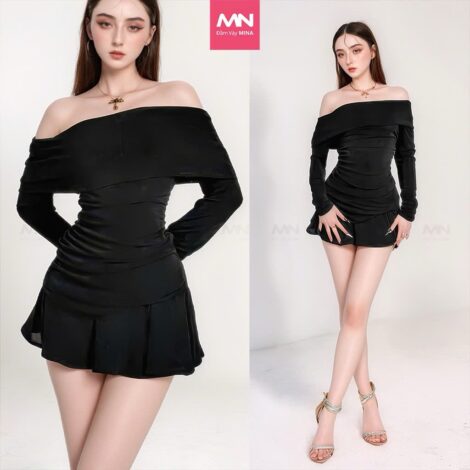 Set váy xoè MINA phối áo trễ vai dài tay chất liệu Thun Lazong quyến rũ - MN263