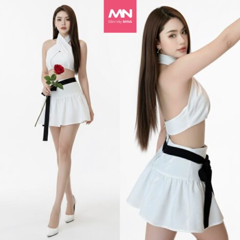 Set váy tiểu thư MINA dự tiệc thiết kế cổ yếm chất liệu Chéo Ý quyến rũ - MN275