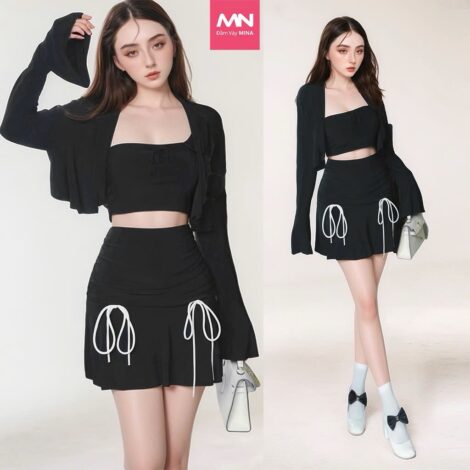 Set áo croptop MINA phối chân váy kèm khoác dài tay thời trang cao cấp - MN268