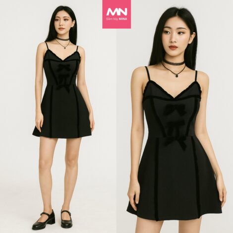 Váy 2 dây MINA thiết kế ôm body dáng ngắn chất liệu Cotton phối Nhung - MN287