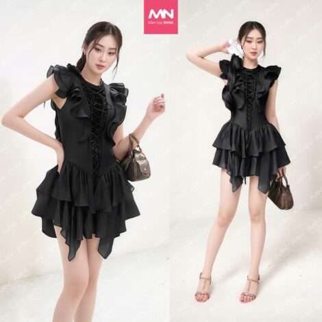 Váy tiểu thư MINA thiết kế cổ tròn dáng xoè bèo chất liệu Cotton phối lụa  - MN296