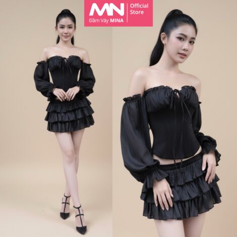 Set váy cúp ngực MINA màu đen mini chất liệu Cotton phối Voan Tơ - MN298