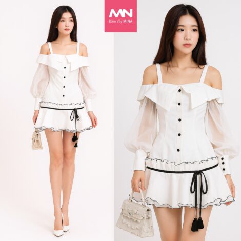 Váy trắng sang chảnh MINA thiết kế tay dài chất liệu Taffta phối lụa - MN306