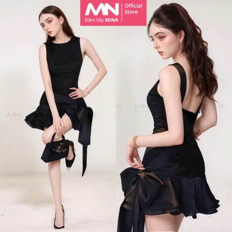 Váy đen dáng xoè thiết kế hở lưng chất liệu cotton lụa - MN302