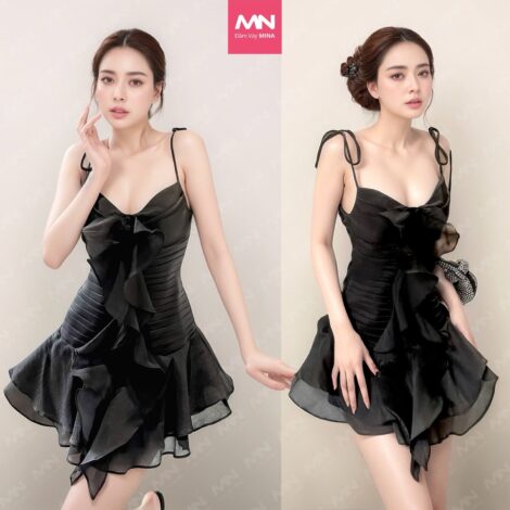 Váy đen 2 dây thiết kế dáng xoè chất liệu lụa - MN289B