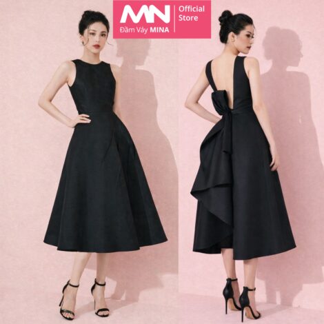Đầm hở lưng dự tiệc MINA dáng xoè midi màu đen chất Taffeta sang trọng, quyến rũ - MN104