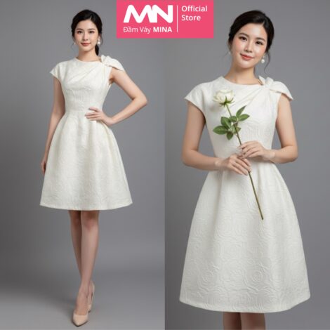 Đầm xoè MINA dáng ngắn xoè màu trắng kem chất gấm vân hoa hồng dự tiệc - đi chơi MN189