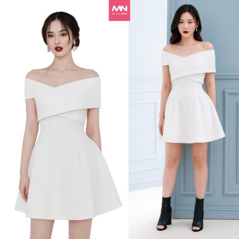 Đầm trễ vai MINA dáng xoè ngắn mini màu trắng chất tuyết mưa trẻ trung, nữ tính - MN138