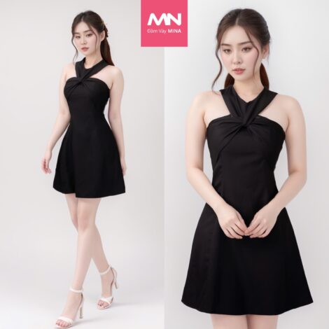 Váy đen cổ yếm dự tiệc MINA dáng xoè mini chất Cotton trẻ trung, xinh đẹp MN176