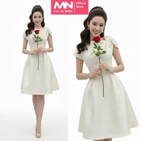 Váy dự tiệc MINA dáng xoè mini chất gấm vân hoa hồng màu trắng kem sang trọng MN189