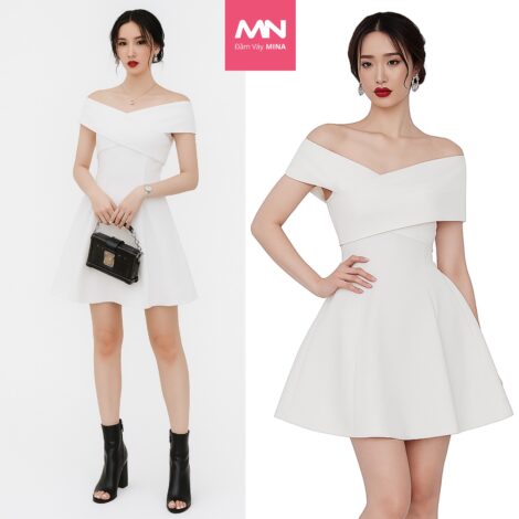 Váy trễ vai màu trắng MINA dáng ngắn mini xoè chất tuyết mưa đi chơi, đi tiệc xinh xắn - MN138