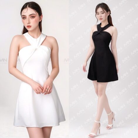 Đầm xoắn ngực MINA chất Cotton Hàn màu trắng, đen đi chơi - dự tiệc MN176