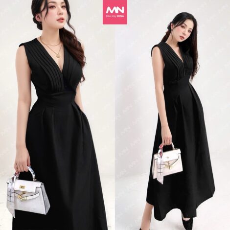 Đầm sang trọng dự tiệc MINA cổ V xếp ly sát nách dáng suông xoè midi chất Cotton Hàn màu đen MN182