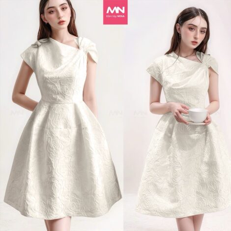 Váy dự tiệc MINA dáng xoè mini chất gấm vân hoa hồng màu trắng kem MN189