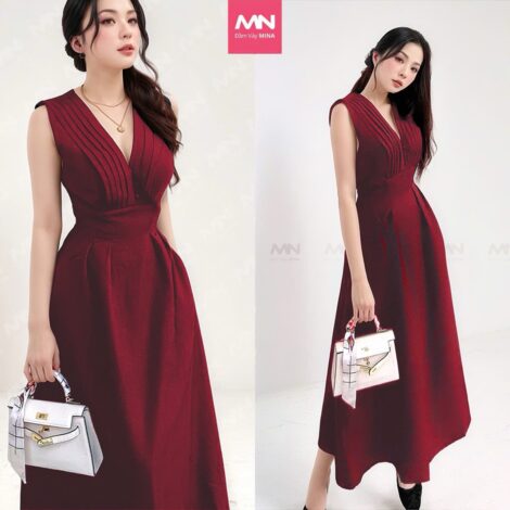 Đầm dự tiệc MINa cổ V xếp ly ngực sát nách màu đỏ đô chất Cotton Hàn MN182